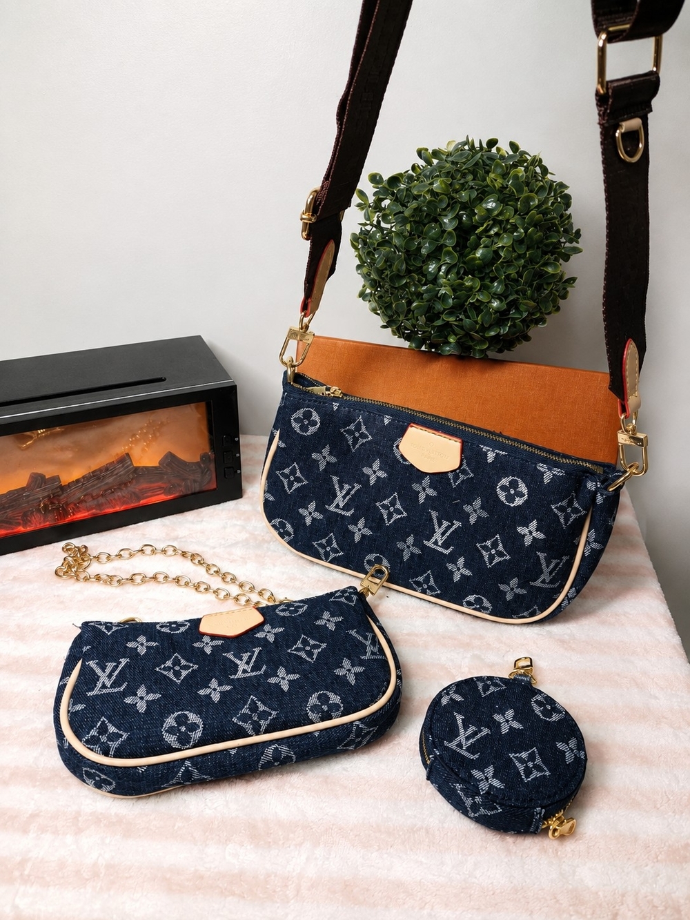 Others Follow Navy Monogram Denim 3-Piece Crossbody Set with Tan Accents